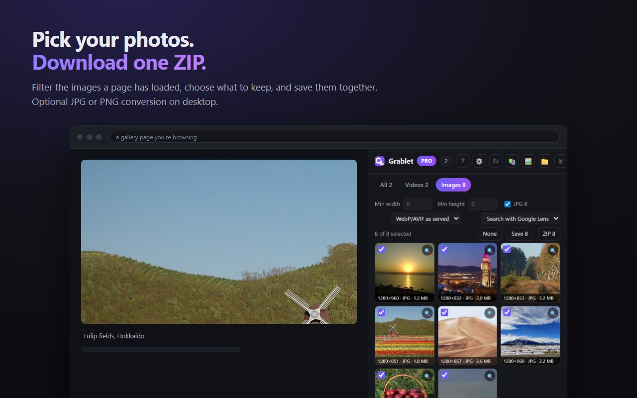Grablet Images tab with selected photos and a ZIP button