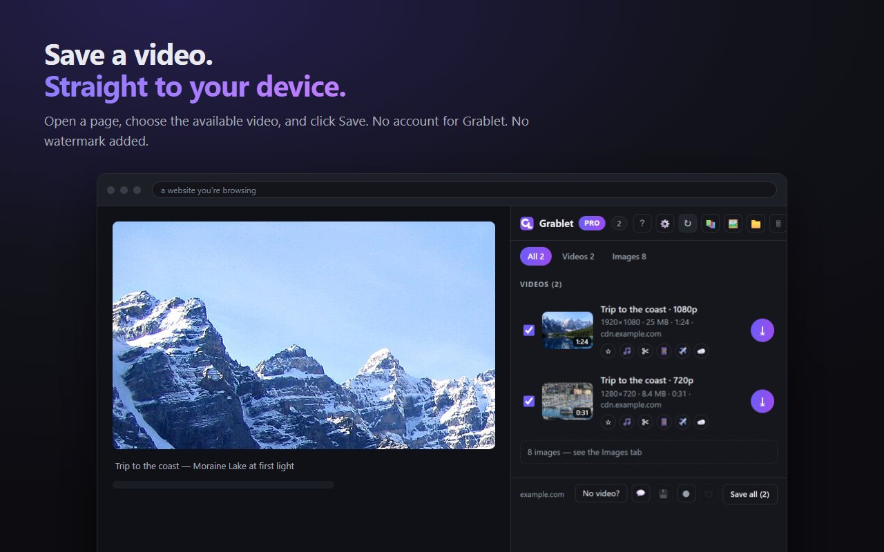 Grablet showing detected videos and their Save buttons